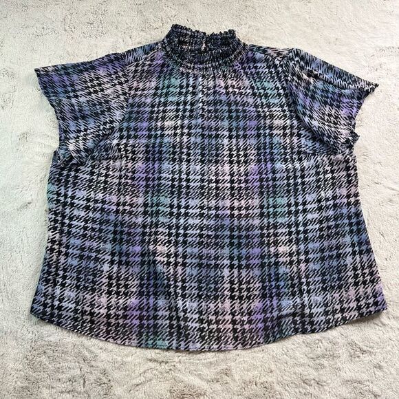 Torrid Chiffon Blouse Womens Size 3X Houndstooth High Neck Purple Sheer Smocked - Picture 2 of 9